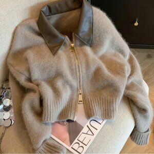 New Women's Beige Jacket with Leather Collar double zipper cardigan